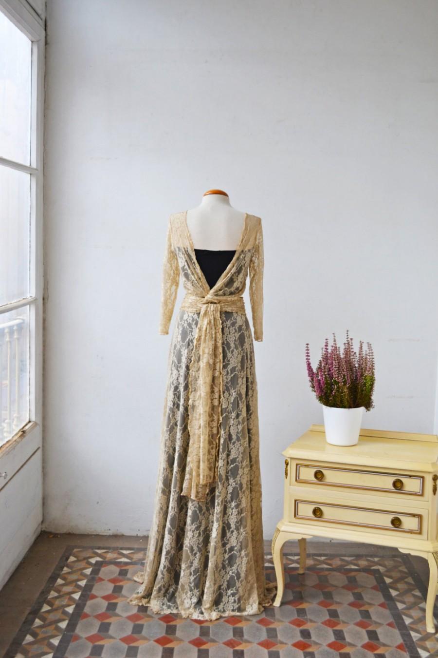 Mariage - Backless lace prom dress, long sleeve bridesmaid gown, bohemian evening dress, lace dress, long sleeves lace wedding dress golden lace dress