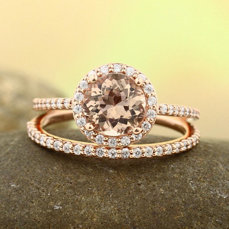 Wedding - Natural AAA Morganite Ring Set, Diamond Halo Morganite Engagement Ring Band Set, Roes gold, 7mm gemstone - Gem1203
