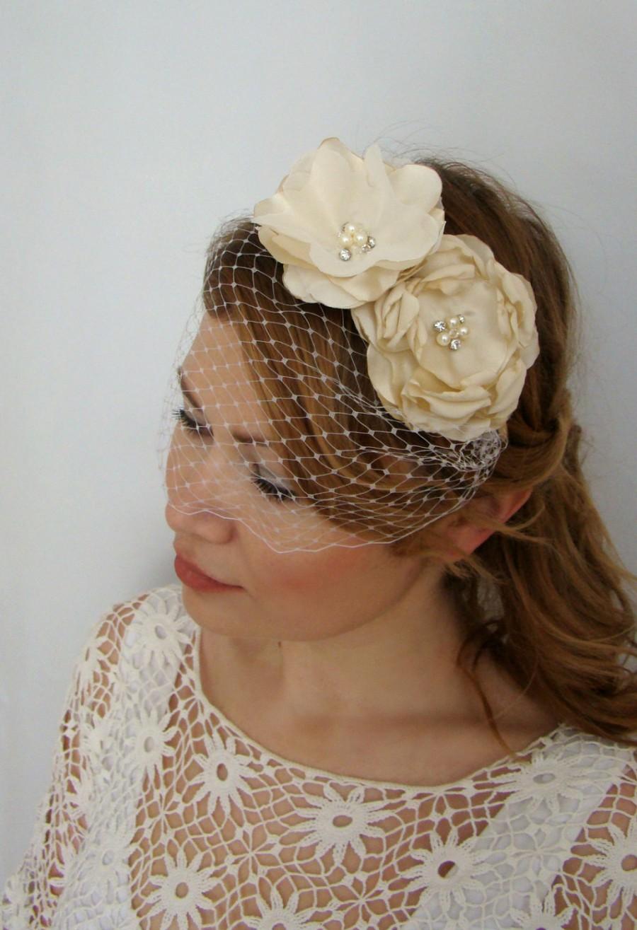 زفاف - Gold Wedding Headband Veil, Vintage Style Veil, Birdcage Headband Veil, Birdcage Gold Veil, Blusher Veil Headband