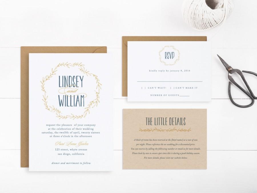 Wedding - Printable Wedding Invitation Suite template, Editable Text and Artwork Colour, Instant Download, Edit in Word or Pages 
