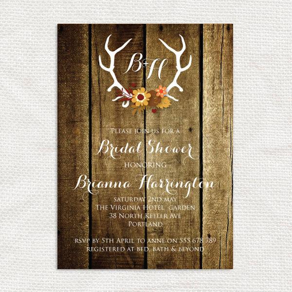 Hochzeit - rustic antler invitation - printable file - wedding invitation or bridal shower invitation digital rustic wedding deer