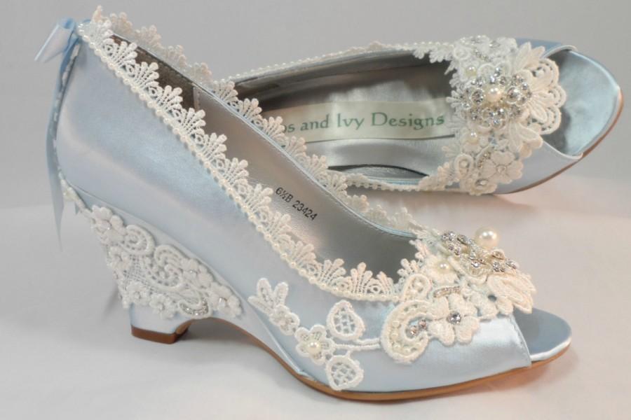 Mariage - Light Blue Wedding Wedges, Lace Wedge, Bridal Peeptoe Wedge,  Wedding , Custom, Bespoke Wedding Shoes,Blue Bridal Shoes, Grden Wedding Shoes