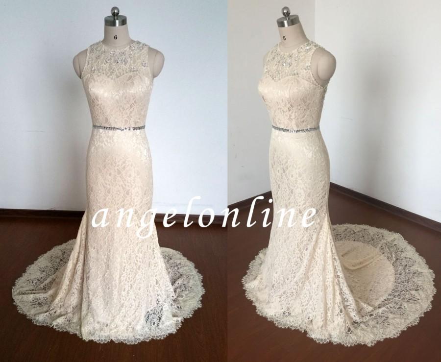 Hochzeit - Simple Champagne Lace Wedding Dress Sheath Long/Beach Wedding Dress/Boho Wedding Dress/Vintage Wedding Dress Lace/Bridal Gown/Evening Gown