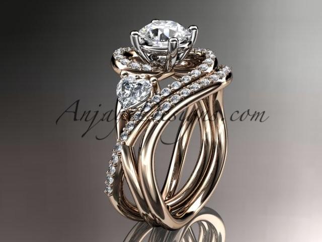 زفاف - Unique 14kt rose gold diamond engagement set, wedding ring with a "Forever One" Moissanite center stone ADLR320S