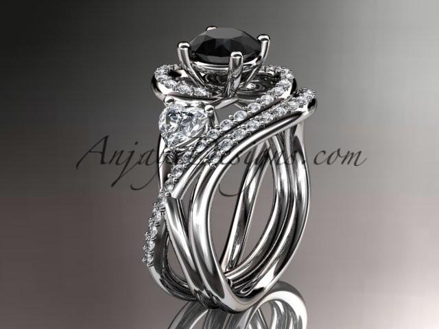 Hochzeit - Unique 14kt white gold diamond engagement set, wedding ring with a Black Diamond center stone ADLR320S