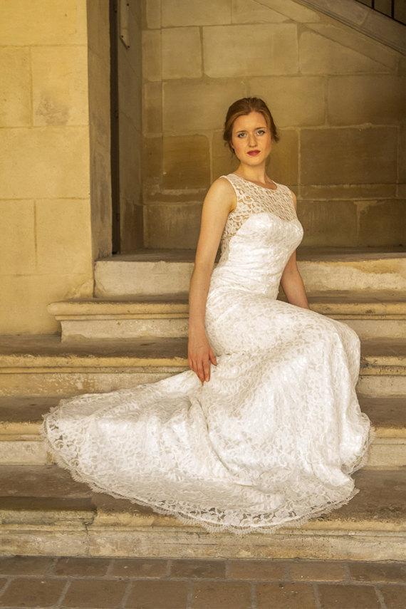 Mariage - Lace wedding dress transparent low back/ long train vintage style wedding dress/ Hochzeitskleid/ Robe de mariée dentelle Alesandra Paris