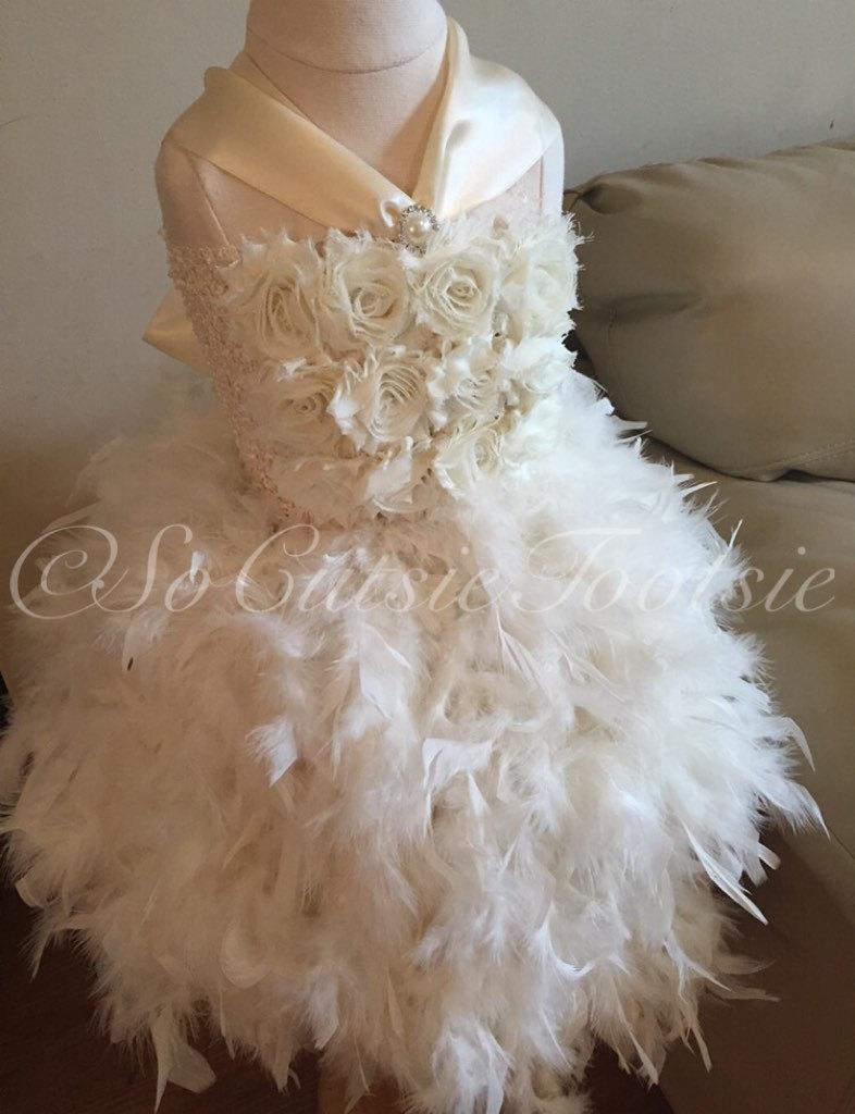 Hochzeit - Ivory Feather Flower Girl Dress- baptism dress - christening dress - customize to match your needs - flower girl tutu dress