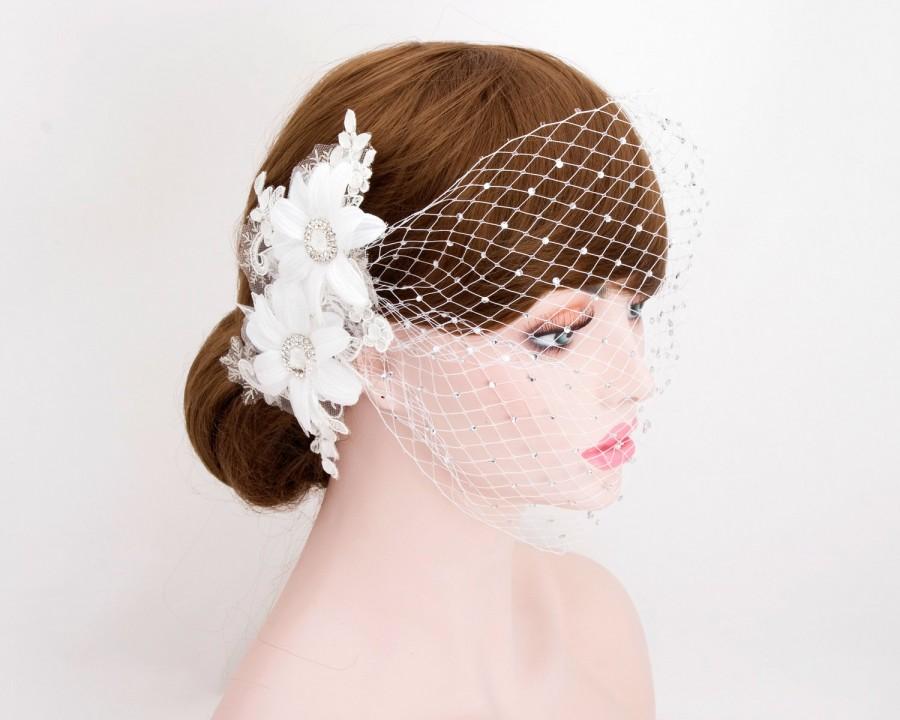 Hochzeit - Wedding Bridal Rhinestone Dotted Birdcage Bandeau Veil , Rhinestone Organza Corsage Hair Clip