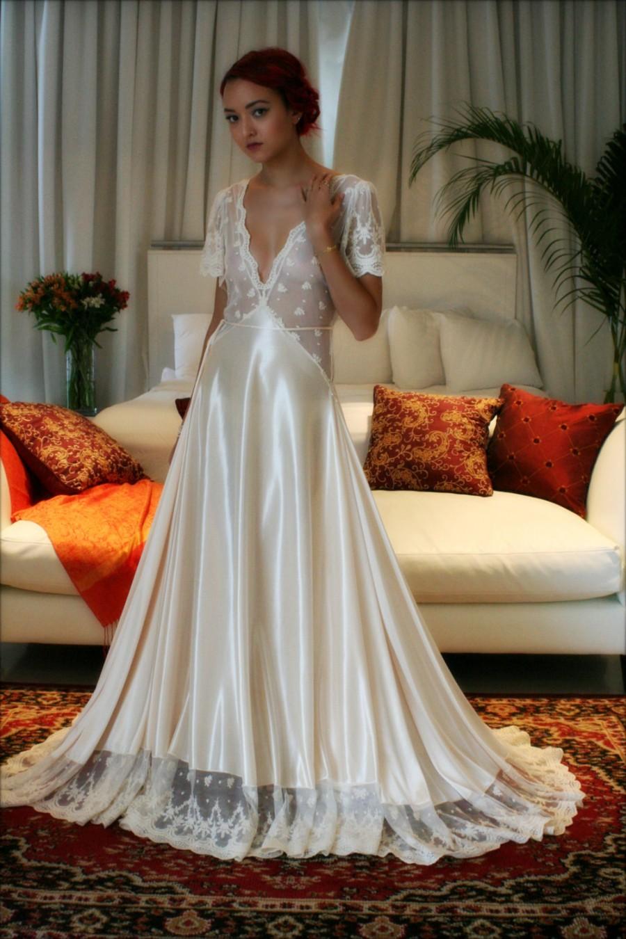 Hochzeit - Bridal Nightgown Amelia Satin Embroidered Lace Wedding Lingerie Bridal Sleepwear Champagne Satin Bridal Gown Trousseau Sleepwear Honeymoon
