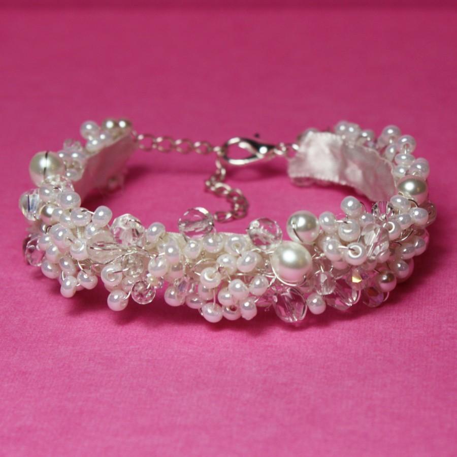 Wedding - Pearl and crystal bridal bracelet, thin pearl bridal cuff. wedding bracelet, pearl cuff, pearl bracelet