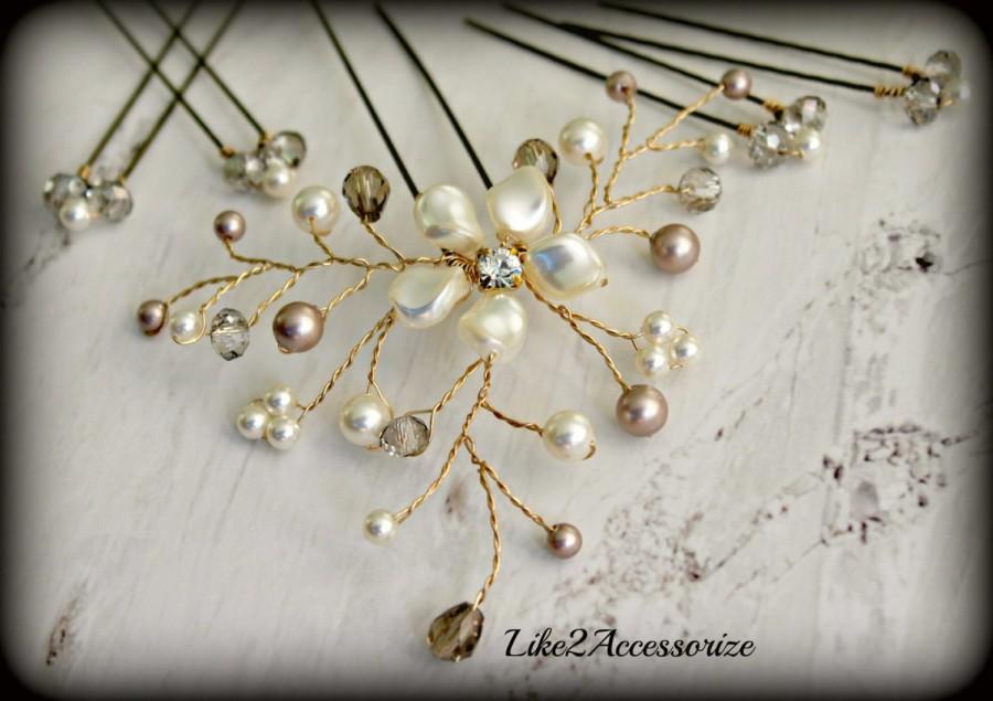Hochzeit - White Ivory Rose Gold Pearl Clip, Bridal Hair Pins, Flower Hair Pins, Fall Wedding Hair Accessories, Set of 5 Hair Pin, Floral Vine Hair Pin