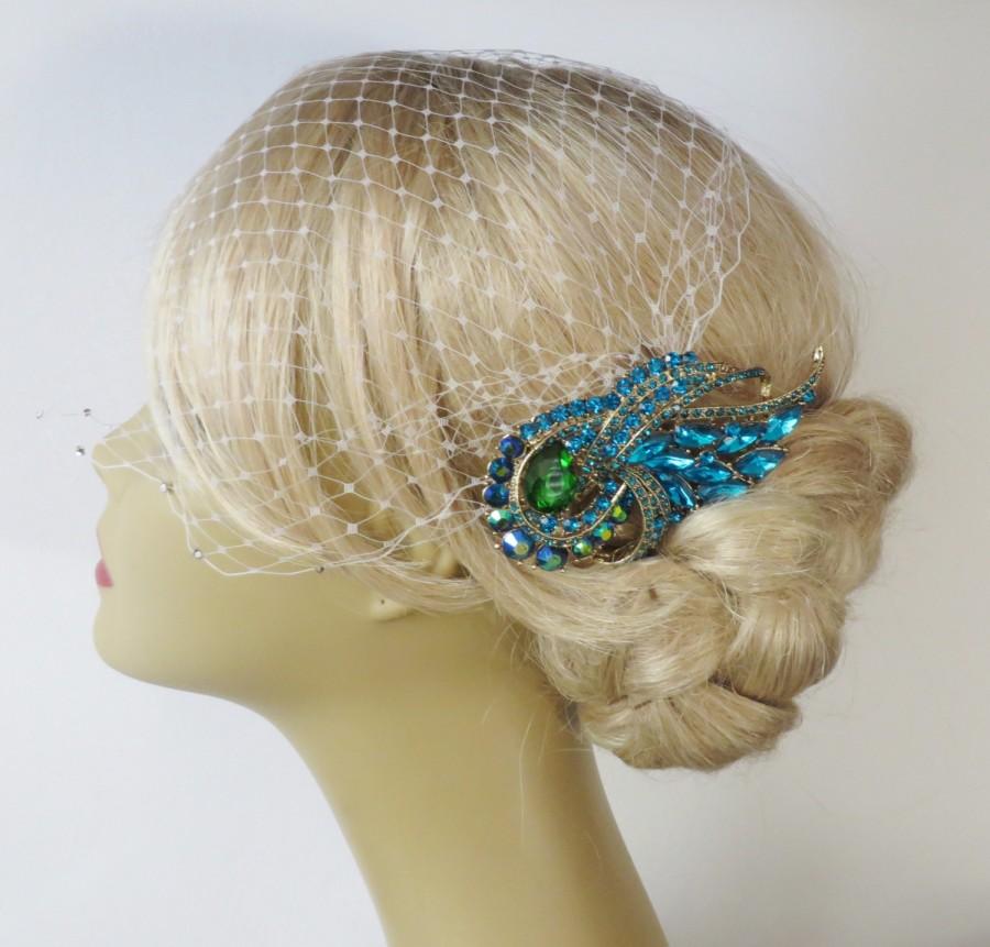 Свадьба - Birdcage Veil  and a Blue - Green Bridal Hair Comb (2 Items),Headpieces,Bridal Comb ,Wedding comb,bridal headpieces,hair accessories