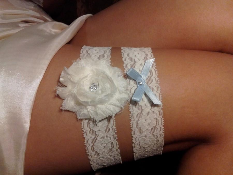 Wedding - Something Blue Wedding Garter - Ivory Stretch Lace - Ivory Chiffon Flower... Bridal Garter and Toss Garter - Rhinestone Detail....