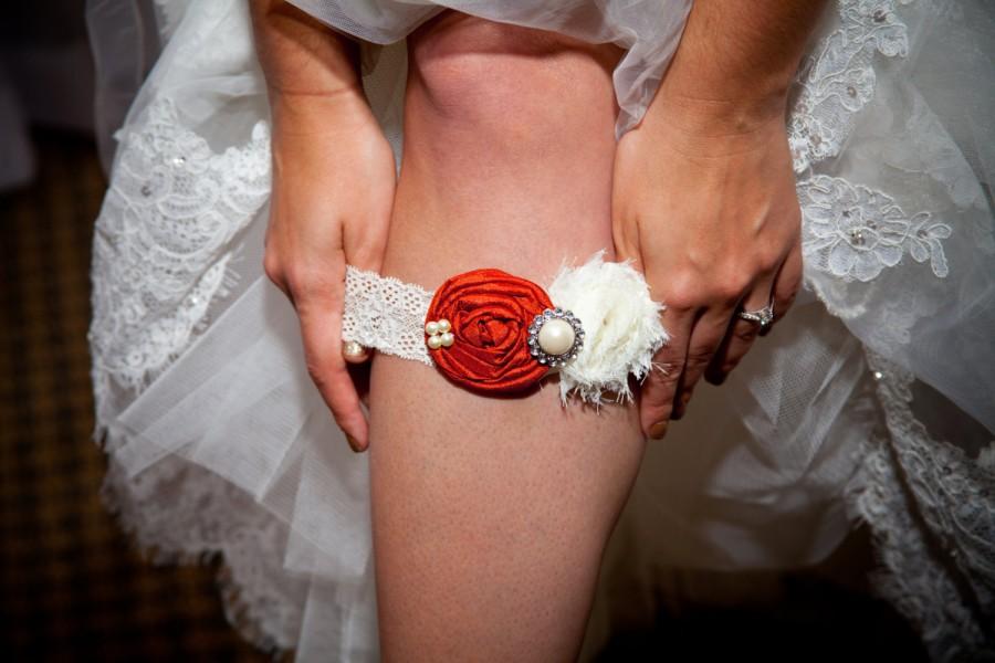 Wedding - Burnt Orange Wedding Garter Set - Brick/Ivory Garter Set Rhinestone Detail... Wedding garter set ...