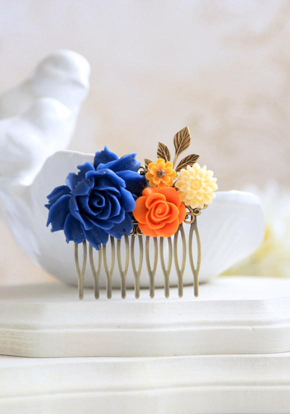 Hochzeit - Cobalt Blue and Orange Wedding Bridal Hair Comb. Large Cobalt Blue Rose, Orange, Ivory Flowers Collage Hair Comb, Bridal Bridesmaid Comb