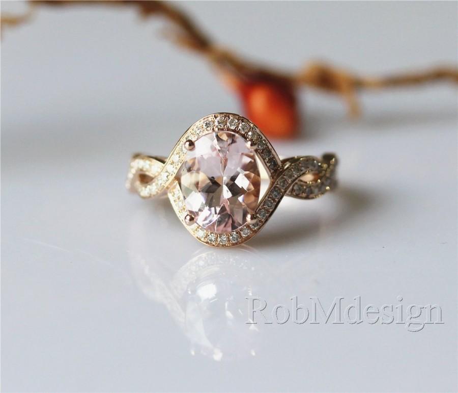 Свадьба - New Design 14K Rose Gold 7*9mm Oval Cut Morganite Ring Halo Diamonds Half Eternity Pave Diamonds Special Ring Band Morganite Engagement Ring