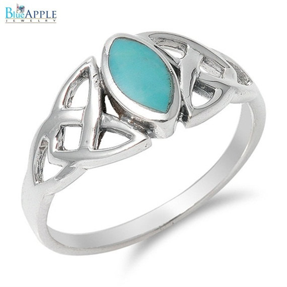 Wedding - Marquise Cut Synthetic Turquoise  Solitaire Bezel Set Celtic Design Twisted Knot Solid 925 Sterling Silver Solitaire Engagement Ring