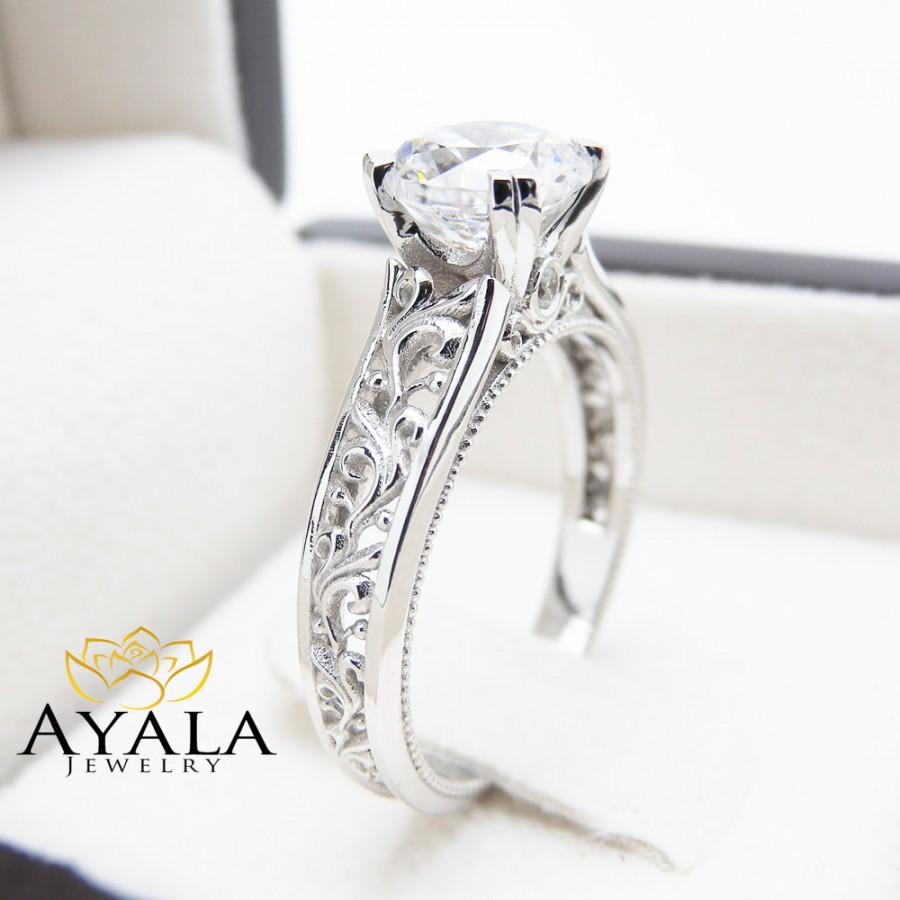 Wedding - Diamond Engagement Ring in 14K White Gold Unique Filigree Design Ring  Art Deco Engagement Ring