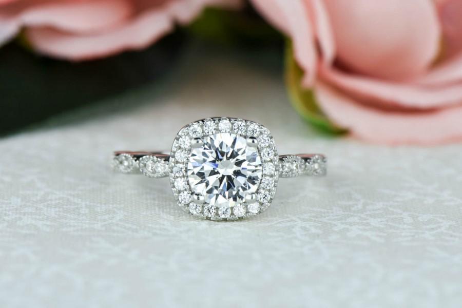 Hochzeit - 1.25 ctw Halo Ring, Wedding Ring, Vintage Style Ring, Man Made Diamond Simulants, Art Deco Halo Ring, Round Engagement Ring, Sterling Silver