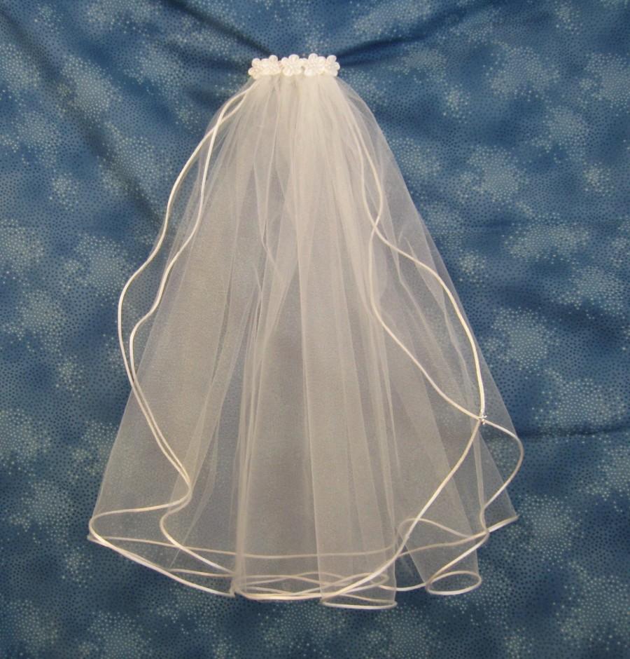 Hochzeit - Light Ivory Shimmer First Communion Veil Two Tier Communion Veil on Clip Barrette with Ivory Satin Fabric Flowers Satin Cord Edge   04100