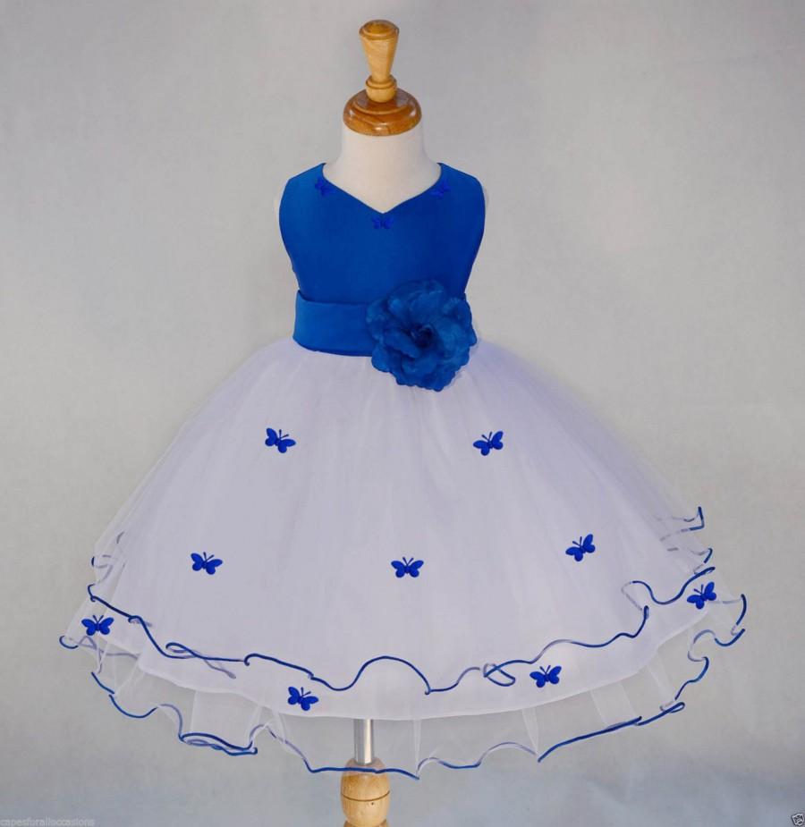 Hochzeit - White Royal Blue Flower Girl butterfy tulle dress tie sash pageant wedding bridal recital children toddler size 12-18m 2 4 6 8 10  