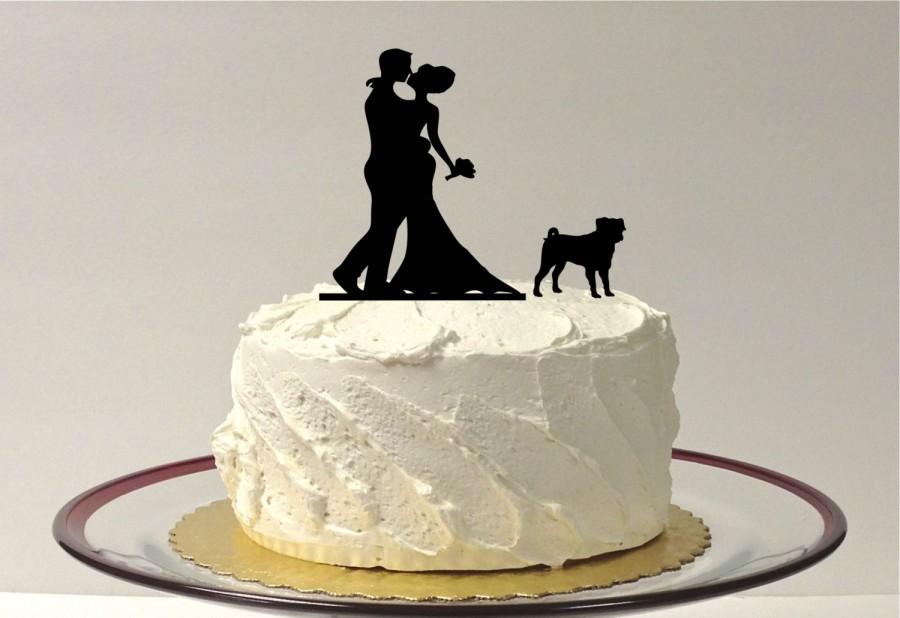 Hochzeit - WITH PET DOG Wedding Cake Topper Pug Silhouette Wedding Cake Topper Bride + Groom + Dog Pug Pet Family of 3 CakeTopper Pug