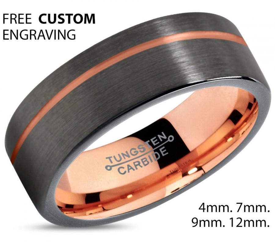 Hochzeit - GUNMETAL Tungsten Ring Rose Gold Black Wedding Band Ring Tungsten Carbide 7mm 18K Ring Man Wedding Band Male Women Anniversary Matching