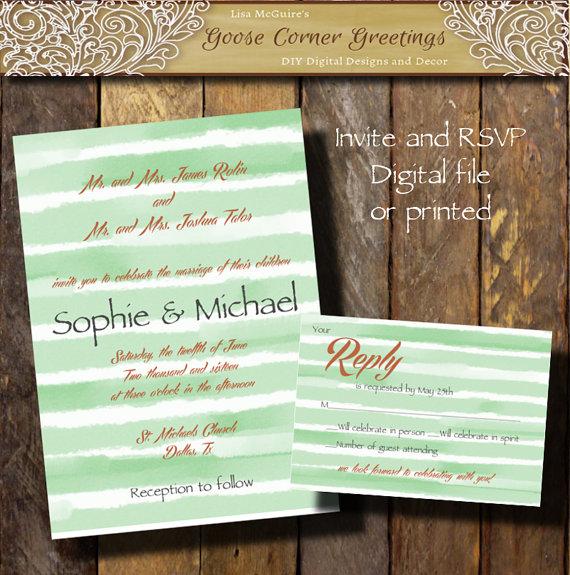 Wedding - Watercolor Wedding Invitation suite, Water Color Wedding invitation, Watercolor invitations,Watercolor, Water color Mint stripe Watercolor