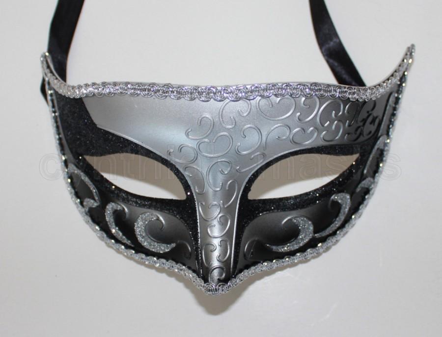 Mariage - Black-Silver Venetian male Mask Masquerade for wedding, dancing, parties, home decor F-02BS  SKU: 6F32A