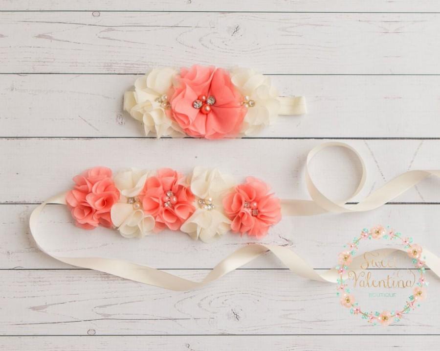 Hochzeit - Rustic bridal sash,Flower sash,flower girl sash, baby headbands,headband sash set,bridal wedding sash, bridesmaid sash, country wedding sash