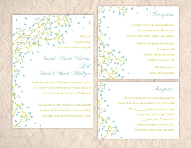 Mariage - Printable Wedding Invitation Suite Printable Invitation Leaf Wedding Invitation Green Blue Invitation Download Invitation Edited jpeg file