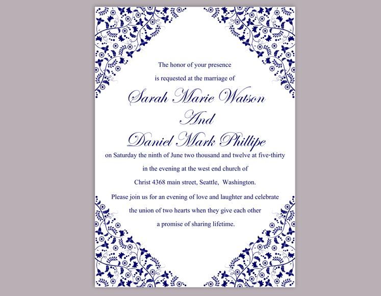 Hochzeit - DIY Wedding Invitation Template Editable Word File Instant Download Printable Flower Invitation Blue Invitation Navy Blue Invitation