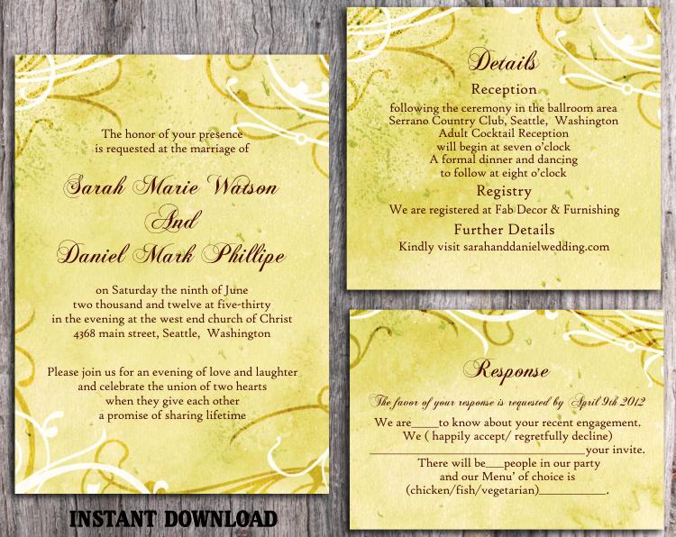 Mariage - DIY Rustic Wedding Invitation Template Set Editable Word File Instant Download Printable Yellow Wedding Invitation Vintage Gold Invitation