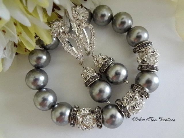 Vintage light grey pearl necklace bracelet earrings wedding bridal jewellery set 