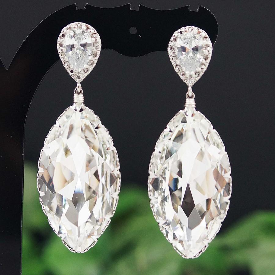 Hochzeit - Matte Rodium plated Cubic zirconia ear posts with Clear White Swarovski Crystal Navette drops Bridal Earrings
