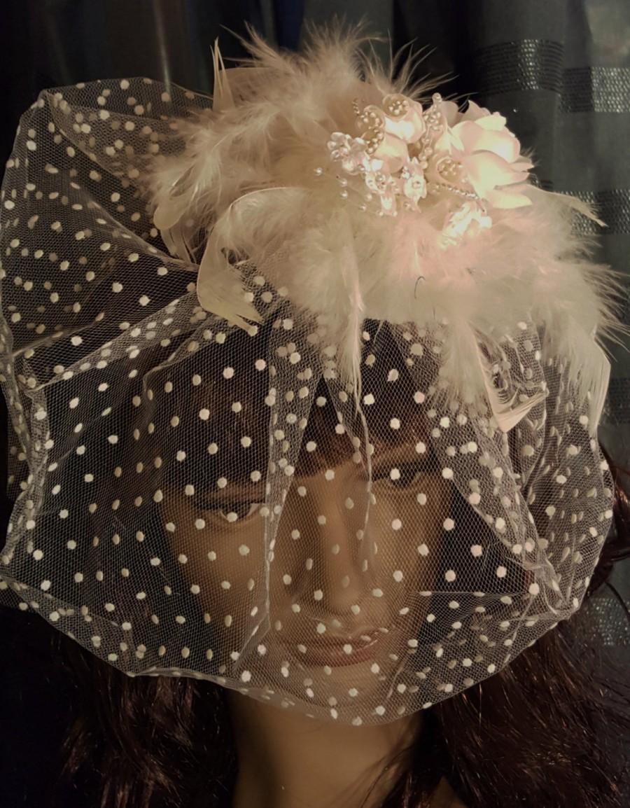 Wedding - French Birdcage Blusher Veil with Tulle Dot Pattern, Feathers and Pearled silk roses