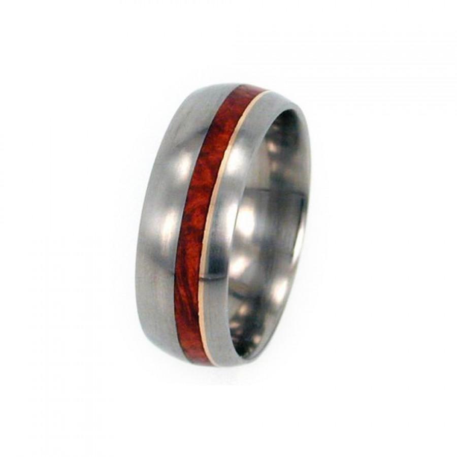 Wedding - Titanium Mens Wedding Band with Wooden Ring and 14k Yellow Gold Pinstripe, Amboyna Burl Wood Ring, Ring Armor Included