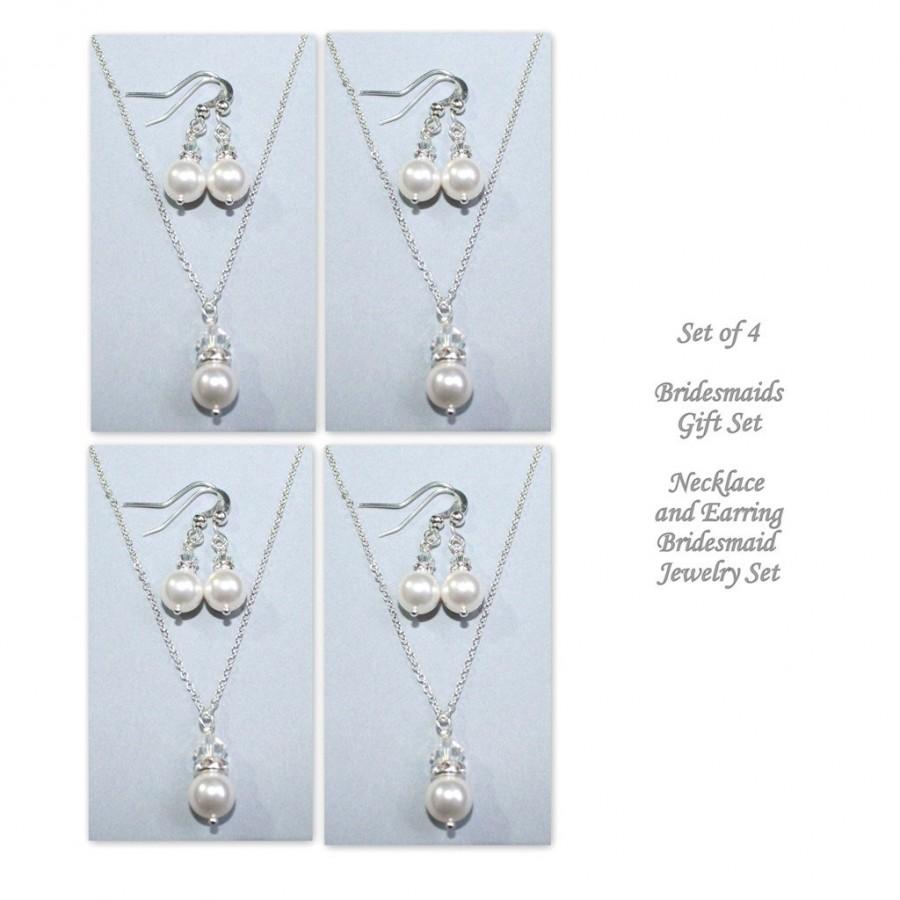 زفاف - CUSTOM COLOR Set of Four, Bridesmaid Gift,  Swarovski White Pearl Necklace and Earring Set, Bridesmaid Jewelry Set, Bridal Jewelry Set