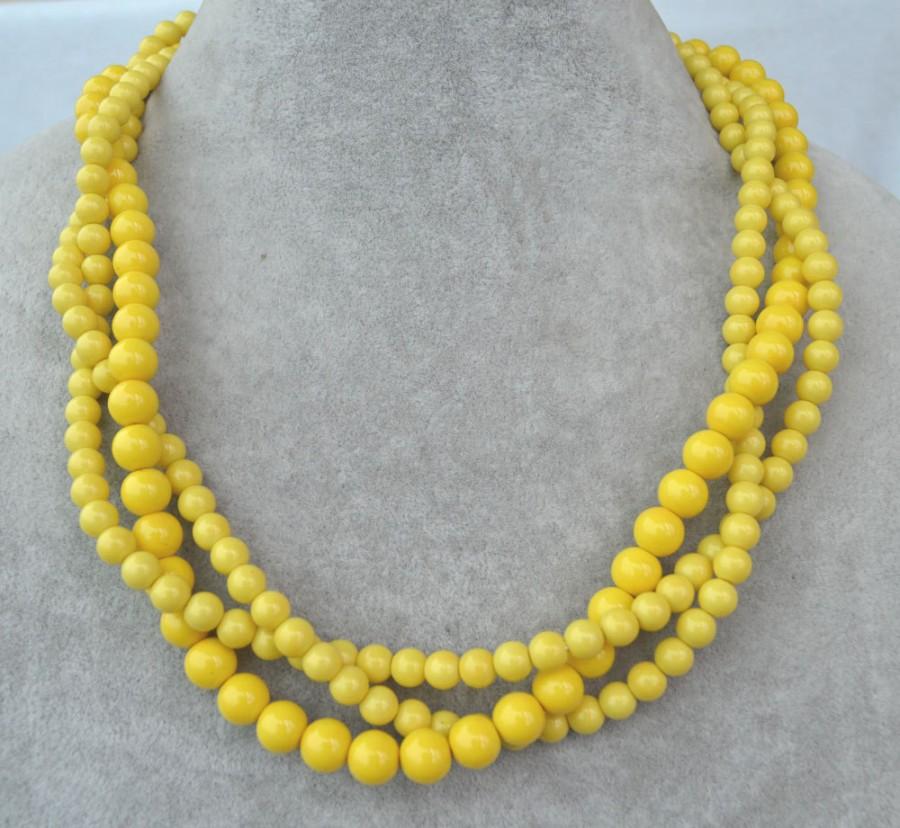 Hochzeit - Yellow bead necklace, 3 strands yellow pearl necklace, statement necklace, twist necklace, wedding necklace, yellow necklaces,bridesmaid