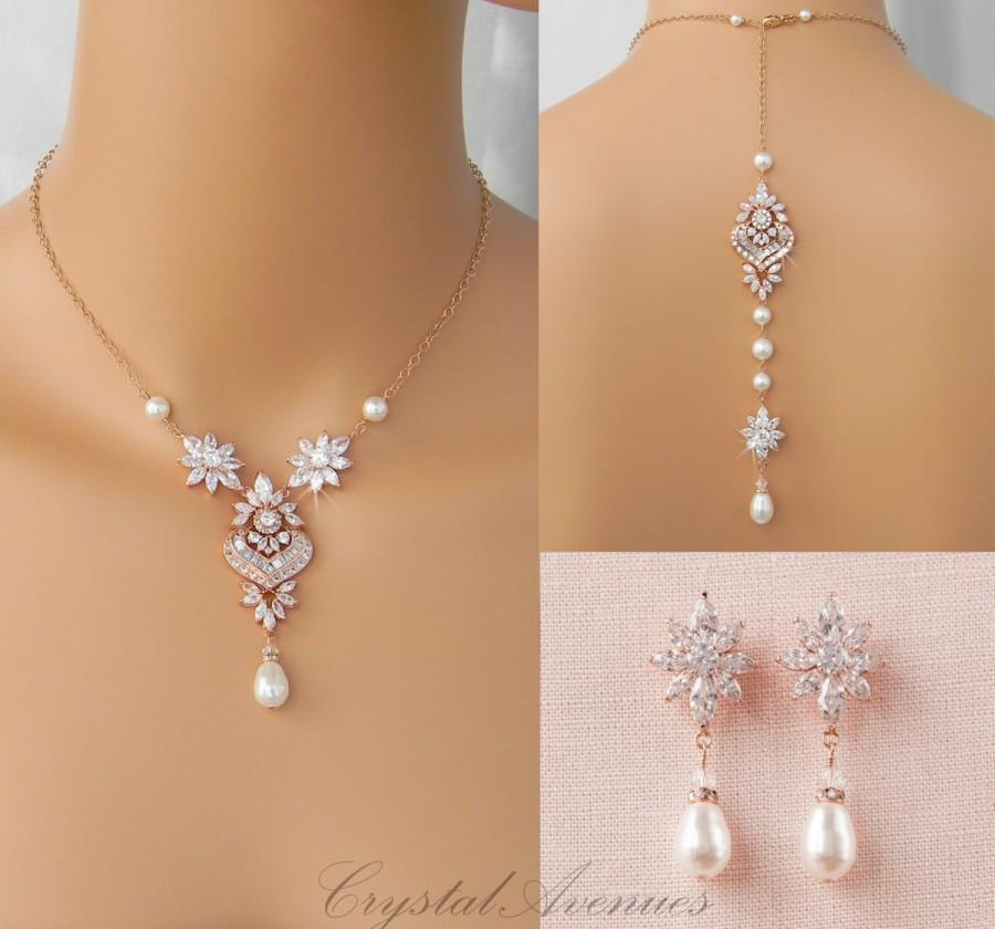 Mariage - Bridal Backdrop Necklace, Rose Gold Backdrop Necklace, Bridal Jewelry, Pearl Bridal Earrings, Bridal Jewelry SET, Hannah Backdrop Necklace