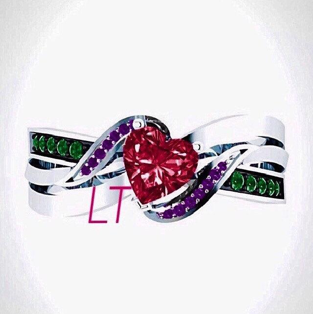 Wedding - Disney's The Little Mermaid Princess Ariel Inspired Infinty Heart Ruby, Amethyst, and Emerald on Sterling Silver/White Gold Engagement Ring
