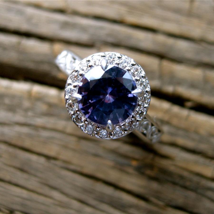 زفاف - Mauve Purple Sapphire Engagement Ring in 14K White Gold with Scrolls and Diamonds Size 4