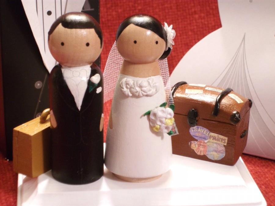 Hochzeit - Custom Cake Topper - Personalized Wood Doll Topper -Vintage Travel Theme---3-D Accents