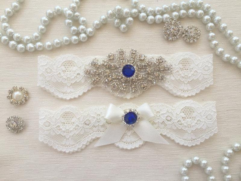 Hochzeit - wedding garter set, ivory bridal garter set, ivory lace garter, navy/royal blue rhinestone, ivory bow