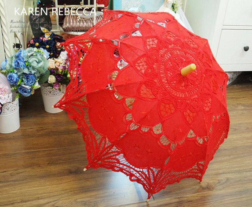 Свадьба - Special Offer Red Battenburg Lace Vintage Umbrella Parasol For Bridal Bridesmaid Wedding