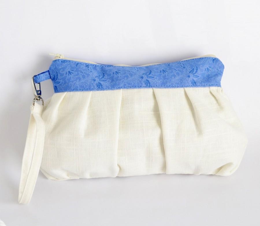 زفاف - Pleated Wristlet Pouch Clutch Stripe Ivory Blue Floral Linen Cotton