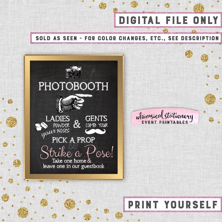 Wedding - Photo Booth Sign (Printable File Only) Strike A Pose! Grab A Prop! Photo Booth Guestbook Sign, Wedding Chalkboard-Style Sign Camera