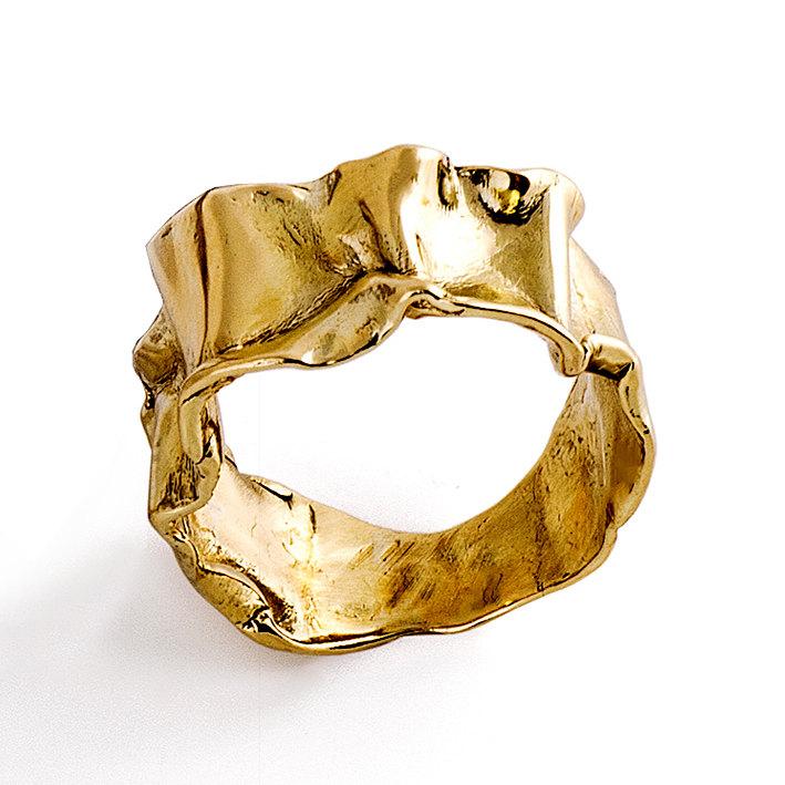 Wedding - CRUMPLED 14k Yellow Gold Ring for women, Unique Gold Ring, Mens gold band, custom gold ring, italian fine jewelry