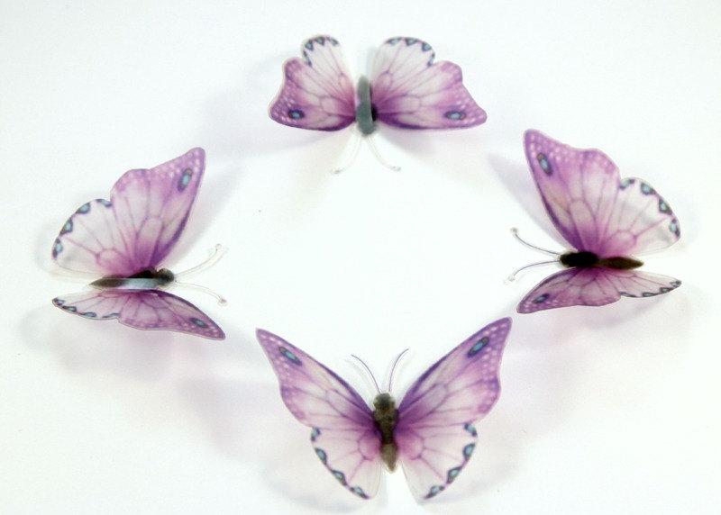 زفاف - 12 Lilac Purple Stick on Butterflies, Wedding Cake Toppers, 3D Wall Art, Scrapbooking, UNGLITTERED