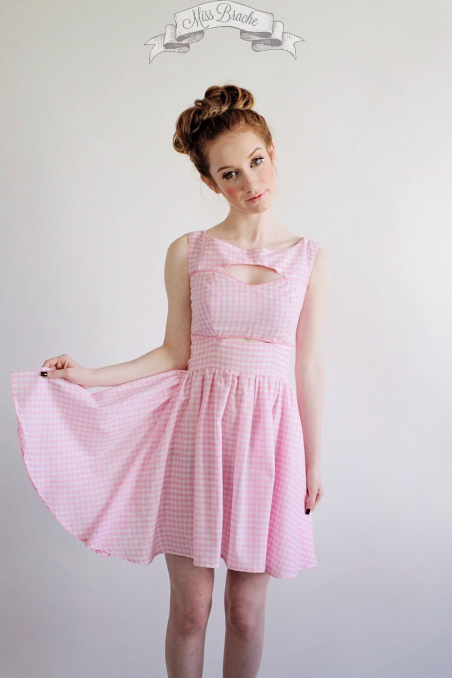 Hochzeit - Gingham Cut Out Dress"Andromeda" shown in Pink with Gathered Short Skirt and Sweetheart Neckline